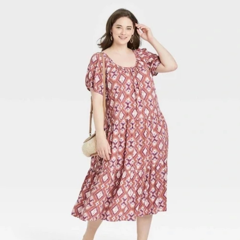 Women's Puff Short Sleeve Tiered A-Line Dress - Knox Rose Cognac Paisley XXL